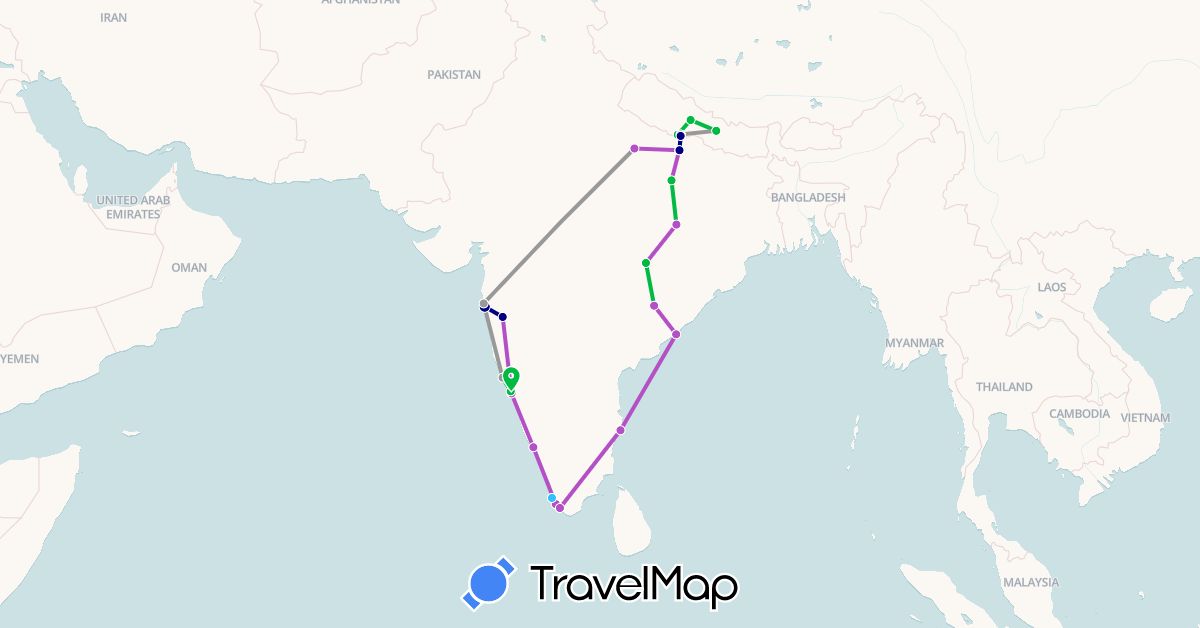 TravelMap itinerary: driving, bus, plane, train, boat in India, Nepal (Asia)
